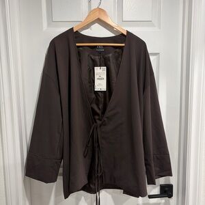 Zara Dark Brown Kimono with Tie and Wide Sleeves NWT